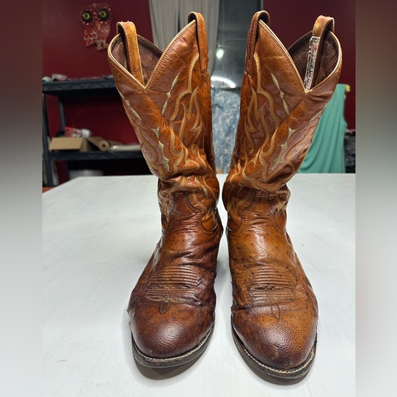 Tony Lama Vintage Ostrich Leather Western Boots Mens 9 D Brown USA - Picture 2 of 16